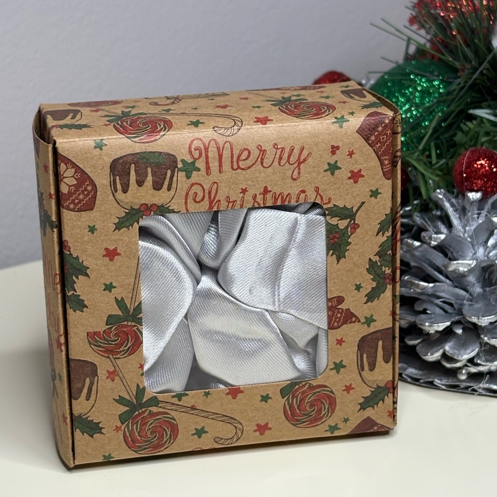 Christmas Silver Satin Hair Scrunchie in Gift Box - Picture 3 of 4